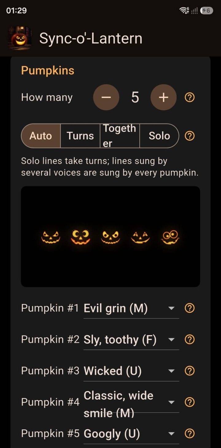 The Sync-o’-Lantern setup screen: five pumpkins in Auto mode, a lit preview of five carved faces, and a face picker for each pumpkin.